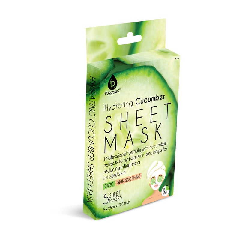 Pursonic | Hydrating Cucumber Sheet Mask for Relieving Redness and Irritated Skin - Moisurizing and Hydrating (Pack of 5)