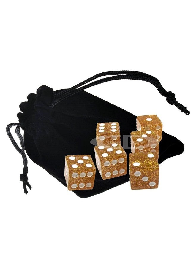 Set of (6) 16mm D6 Transparent Glitter Dice Standard Squared Corners ... Plus Black Velvet Cloth Pouch Bag (Yellow)  - Image 1