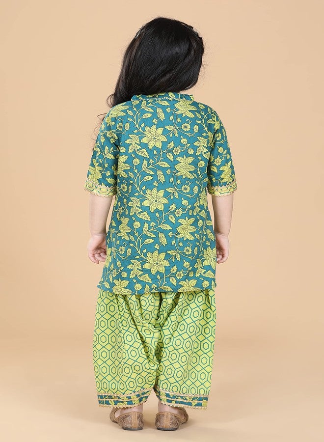 Adiva Kids Cotton 3/4th Sleeve Green Kurta Salwar Set for Girls - Ethnic Wear | Festival Wear - Floral Pattern, Regular Fit - Image 4