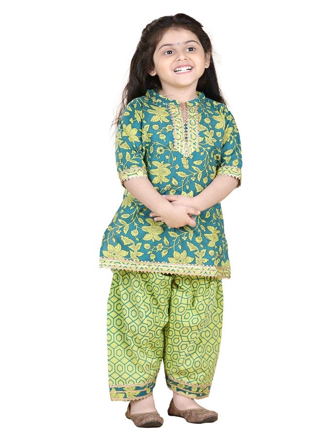 Adiva Kids Cotton 3/4th Sleeve Green Kurta Salwar Set for Girls - Ethnic Wear | Festival Wear - Floral Pattern, Regular Fit - Image 1