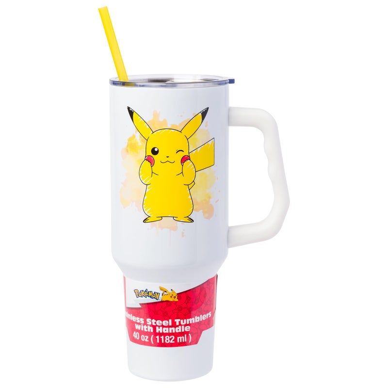 Silver Buffalo Pokmon Stainless Steel Tumbler with Handle Featuring Pikachu Fits in Standard Cup Holder 40 Ounces