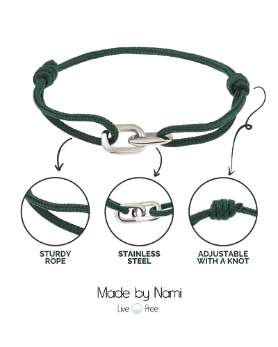 Made by Nami Nautical Bracelets for Men Adjustable and Waterproof Rope Bracelet for Men with Stainless Steel Charm Gift for Him (Emerald Green Silver) - Image 5