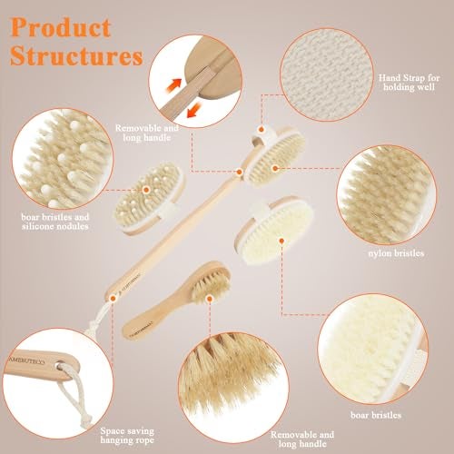 SAMEBUTECO 5 Packs Dry Brushing Set Natural Body Brush Wood Long Handle with 3 Detachable Heads, 1 Face Brush,Natural Boar Bristle Exfoliator for Lymphatic Drainage and Cellulite,Back Scrubber - Image 4