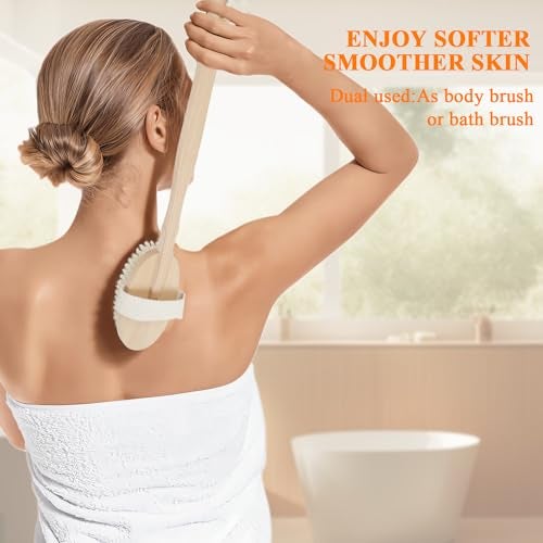 SAMEBUTECO 5 Packs Dry Brushing Set Natural Body Brush Wood Long Handle with 3 Detachable Heads, 1 Face Brush,Natural Boar Bristle Exfoliator for Lymphatic Drainage and Cellulite,Back Scrubber - Image 2