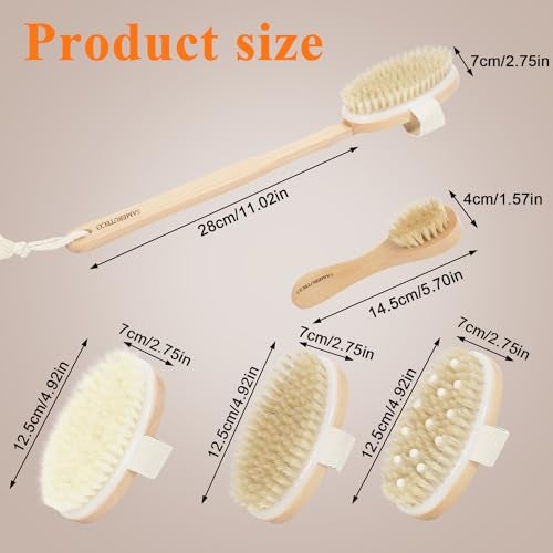 SAMEBUTECO 5 Packs Dry Brushing Set Natural Body Brush Wood Long Handle with 3 Detachable Heads, 1 Face Brush,Natural Boar Bristle Exfoliator for Lymphatic Drainage and Cellulite,Back Scrubber - Image 3
