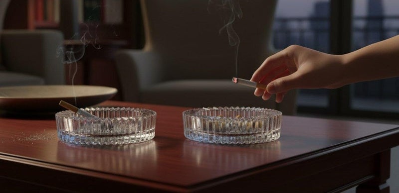 Crystal Glass Ashtray Set, Round Decorative Ribbed Design, Clear Glass, 2 Piece Smoking Accessories - Image 4