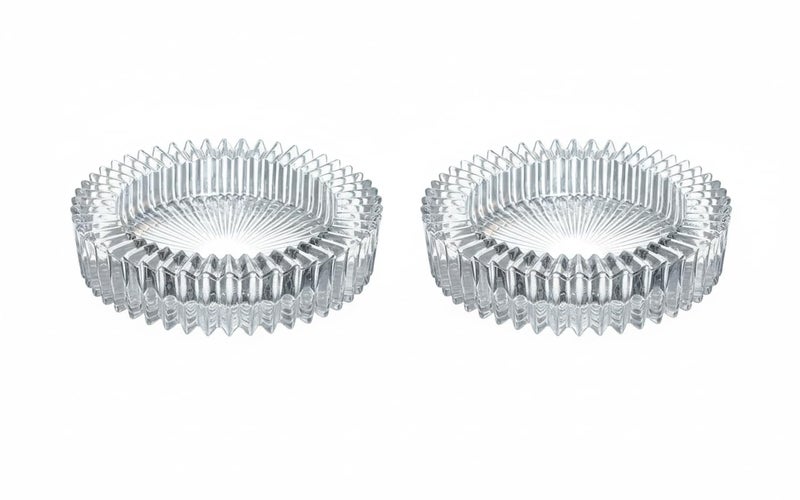 Crystal Glass Ashtray Set, Round Decorative Ribbed Design, Clear Glass, 2 Piece Smoking Accessories - Image 1
