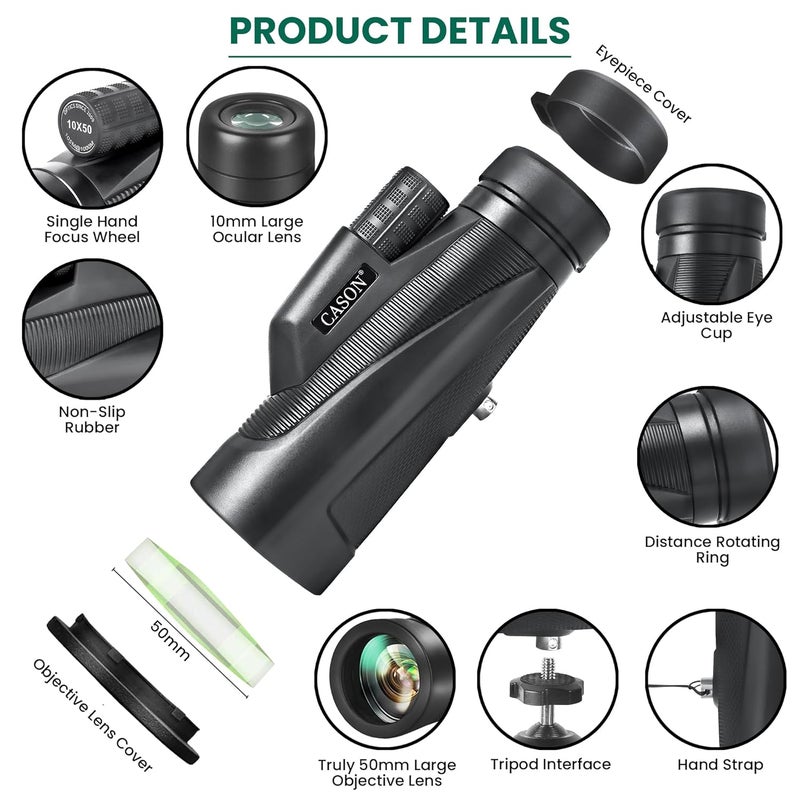 C DEVICE كاسون - 10x50 منظار بعيد المدى، تلسكوب أحادي عالي القوة للبالغين والأطفال مع منشور BAK4 | ساطع للغاية | عدسة FMC، مناسب لمشاهدة الطيور، في الهواء الطلق، السفر (أسود) - Image 4