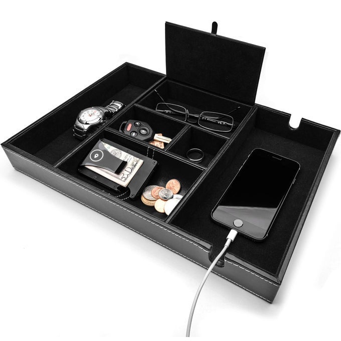 VALET TRAY FOR MEN NIGHTSTAND ORGANIZER ENTRY TABLE ORGANIZER CATCH ALL BLACK FAUX LEATHER BOX 6 COMPARTMENTS