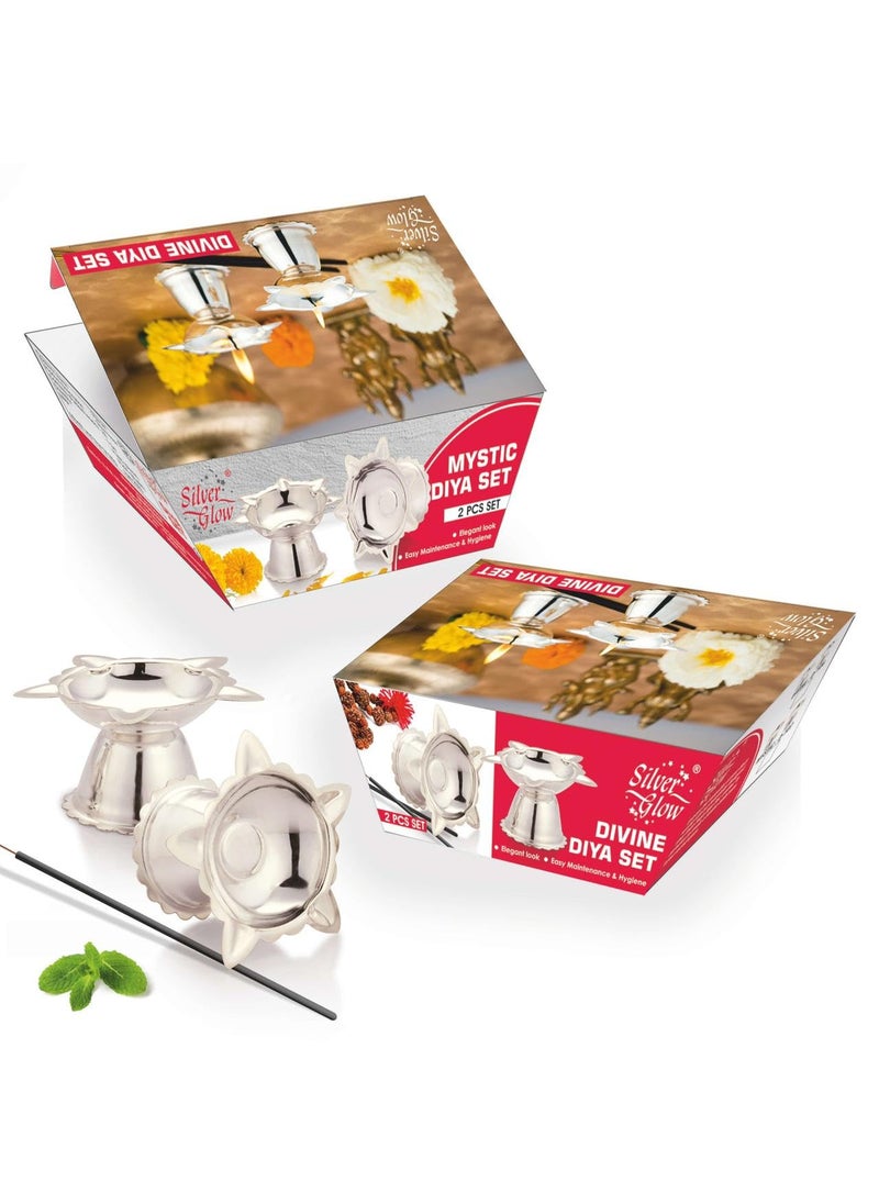 Silver Glow Silverglow Mystic Diya Set Silver Plated Small Sized Diya Set of 2 DeepakDiyas for PujaAarti Diwali Office Mandir Wedding Return Gift Pooja Home Decoration Items  - Image 4