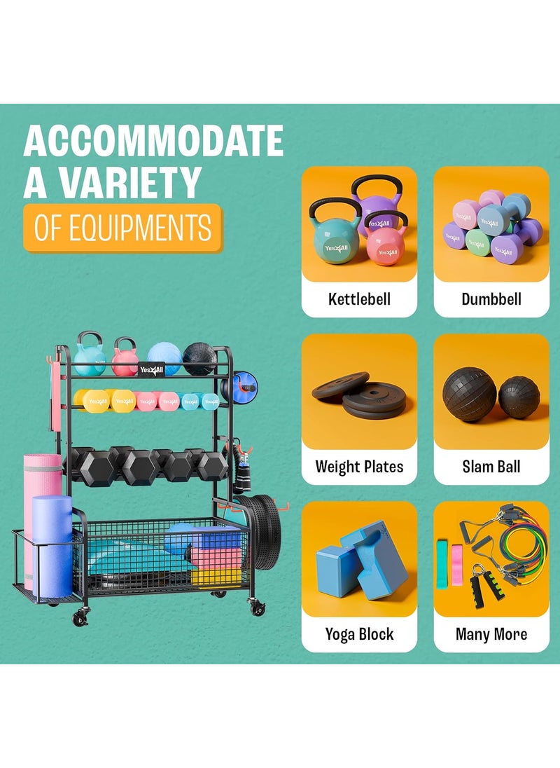 Yes4All Yes4All Dumbbell Rack Weight Rack for Home Gym Sports Equipment Organizer for Dumbbells Kettlebells Yoga Mat Foam Roller and Balls All in One Gym Workout Storage with Wheels and Hooks  - Image 2