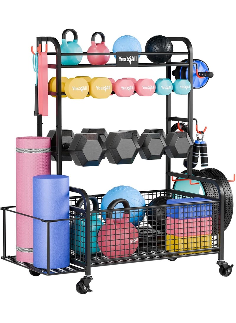Yes4All Yes4All Dumbbell Rack Weight Rack for Home Gym Sports Equipment Organizer for Dumbbells Kettlebells Yoga Mat Foam Roller and Balls All in One Gym Workout Storage with Wheels and Hooks  - Image 1