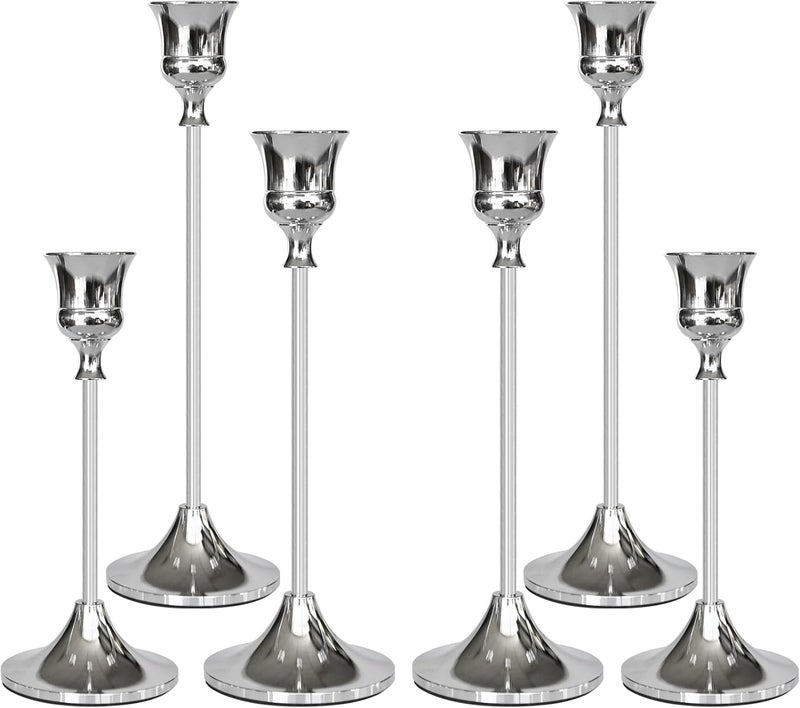 SHOWIN Precision polished solid material Candlestick Holders Silver, 6 Packs Taper Candle Holder for Candlesticks, Candle Sticks Holder Decor for Home Decor Temp fluctuation resistant crafted quality - Image 1