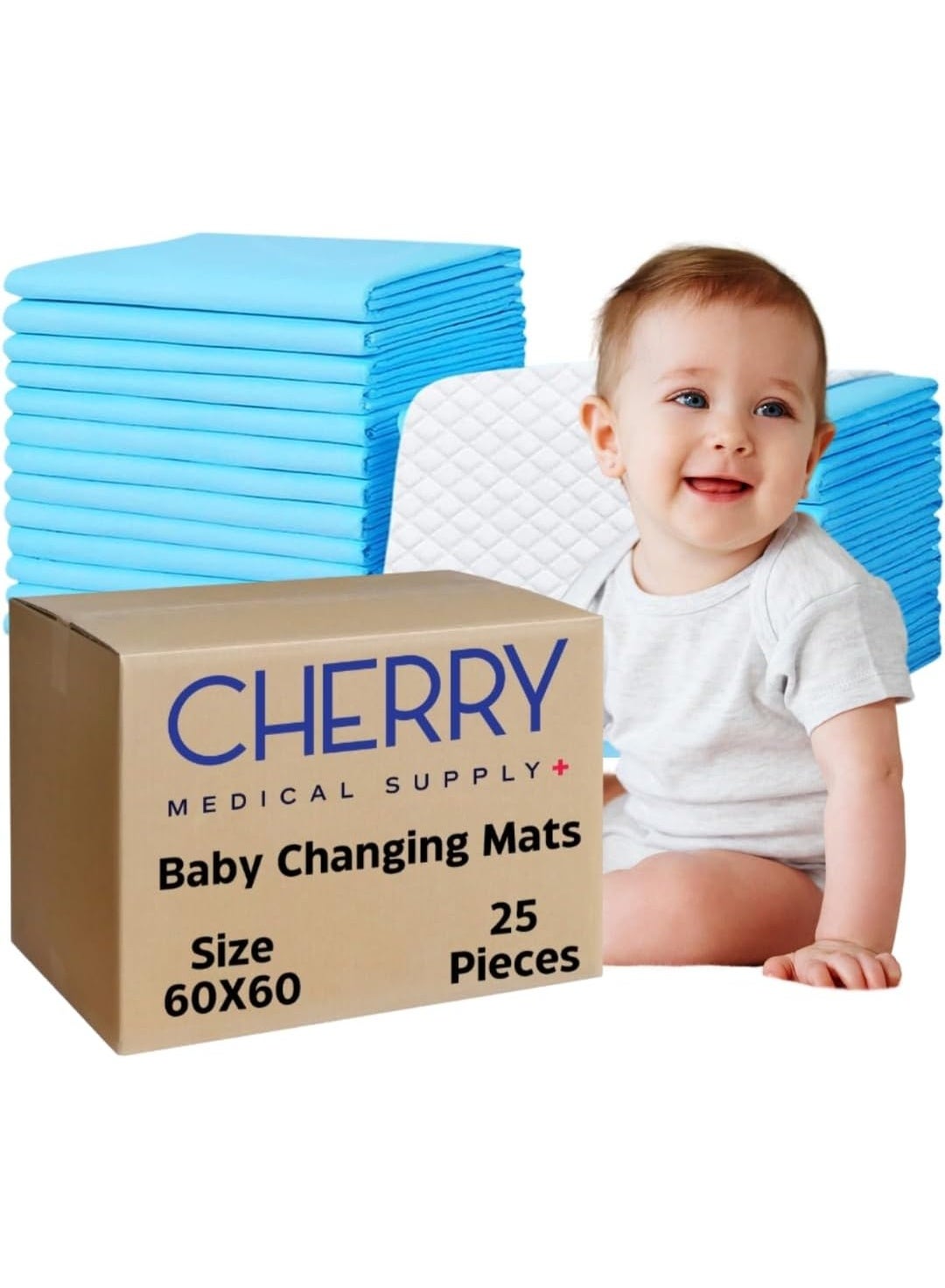 Cherry Medical Supply 25 Pieces Packed in 1 Pouches 60 cm x 60 cm Disposable Changing Mats for Baby Soft Ultra Absorbent Waterproof Diaper Changing Mat Liners Baby Changing Mat Cover Bed Pads
