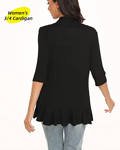 Argstar Women's Lightweight Cardigans, Casual Open Front Soft Draped Ruffles 3/4 Sleeve Black Plus Size XXL - Image 3