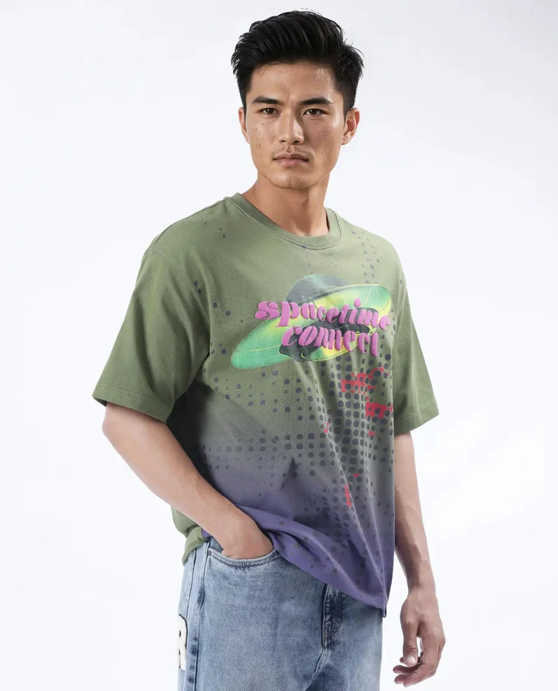 Rare Rabbit Men's Ombre And Graphic Print Oversized T-Shirt