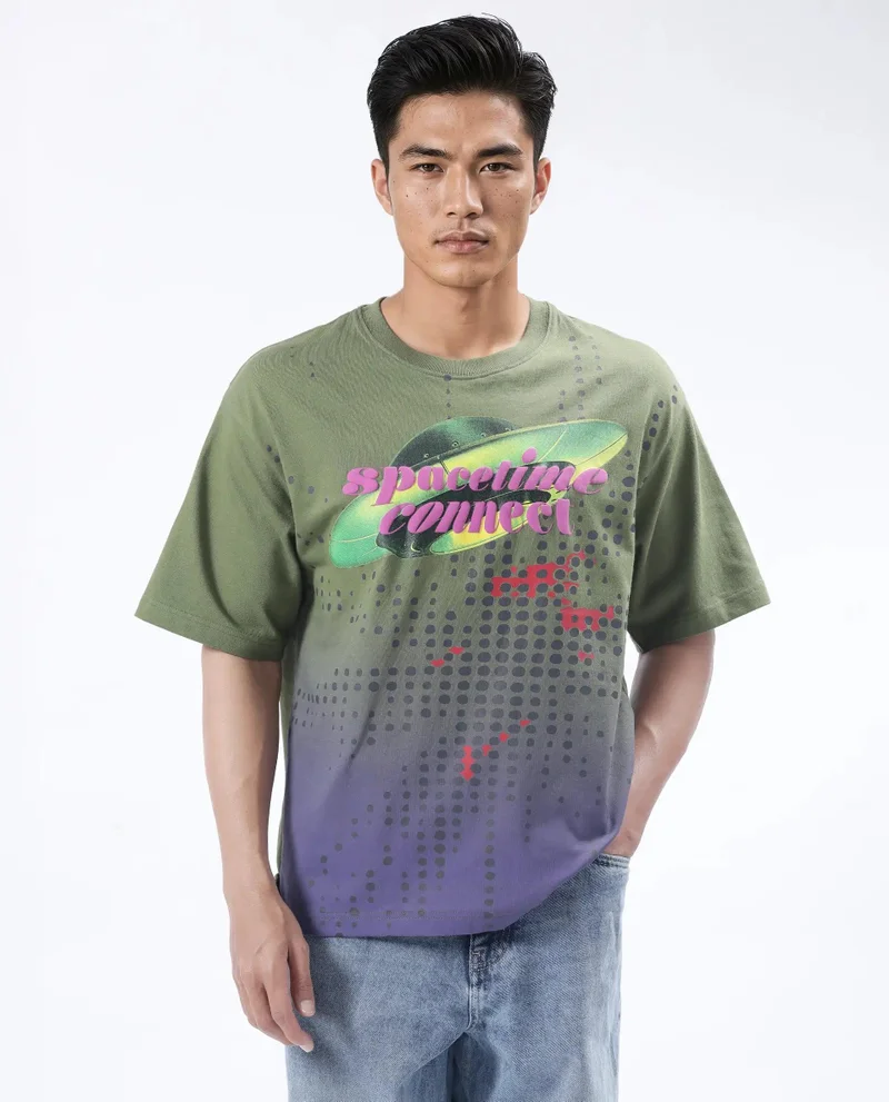 Rare Rabbit Men's Ombre And Graphic Print Oversized T-Shirt