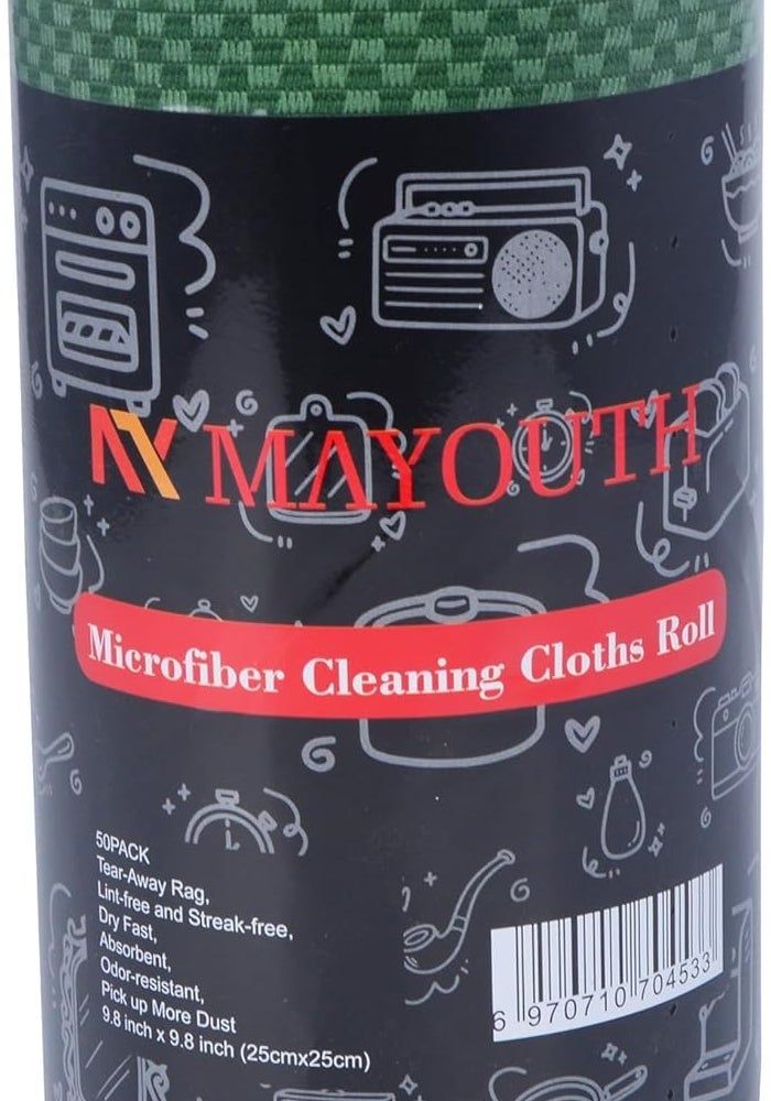 MAYOUTH Microfibre Cleaning Cloths Roll - 50-Pack Reusable Paper Towels (Emerald-Green Checkered Pattern) - Image 3