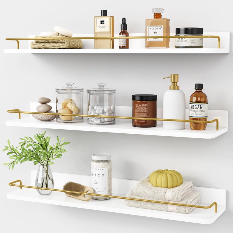 Forbena 24 Inch Bathroom Floating Shelves for Wall Set of 3, Gold Bathroom Shelves Over Toilet Wall Mounted with Rail, Decorative Hanging Shelf for Bedroom Office Living Room Decor (White and Gold) - Image 1