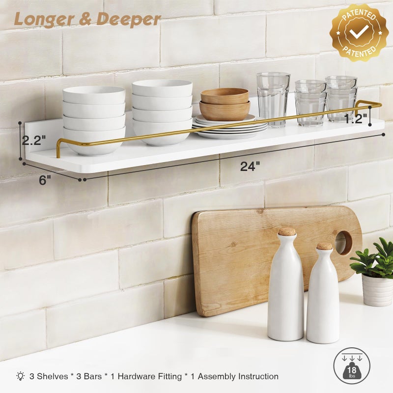 Forbena 24 Inch Bathroom Floating Shelves for Wall Set of 3, Gold Bathroom Shelves Over Toilet Wall Mounted with Rail, Decorative Hanging Shelf for Bedroom Office Living Room Decor (White and Gold) - Image 4