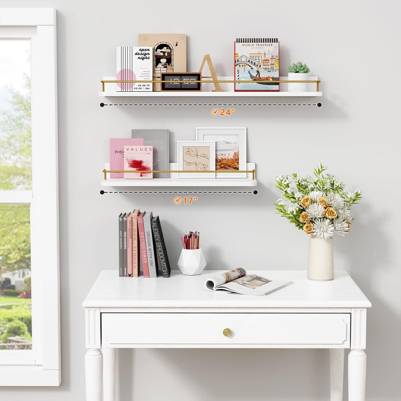 Forbena 24 Inch Bathroom Floating Shelves for Wall Set of 3, Gold Bathroom Shelves Over Toilet Wall Mounted with Rail, Decorative Hanging Shelf for Bedroom Office Living Room Decor (White and Gold) - Image 3