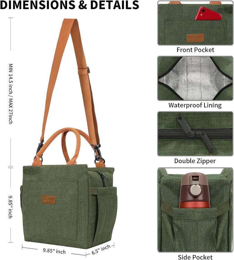Joymee Lunch Bag Women Insulated Lunch Box with Adjustable Shoulder Strap Large Reusable Leakproof Spacious Cooler Tote for Women Men Adult with Bottle Holder and Side Pockets - Green - Image 2