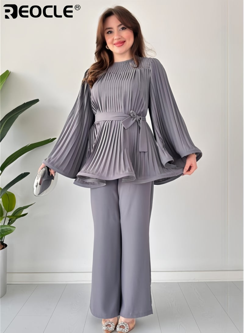 REOCLE Women's 2pcs Elegant Set Pleated Top with Bell Sleeves and Wide Leg Pants Crew Neck Flared Sleeve A Line Dressy Tops Comfortable and Casual Set - Image 2