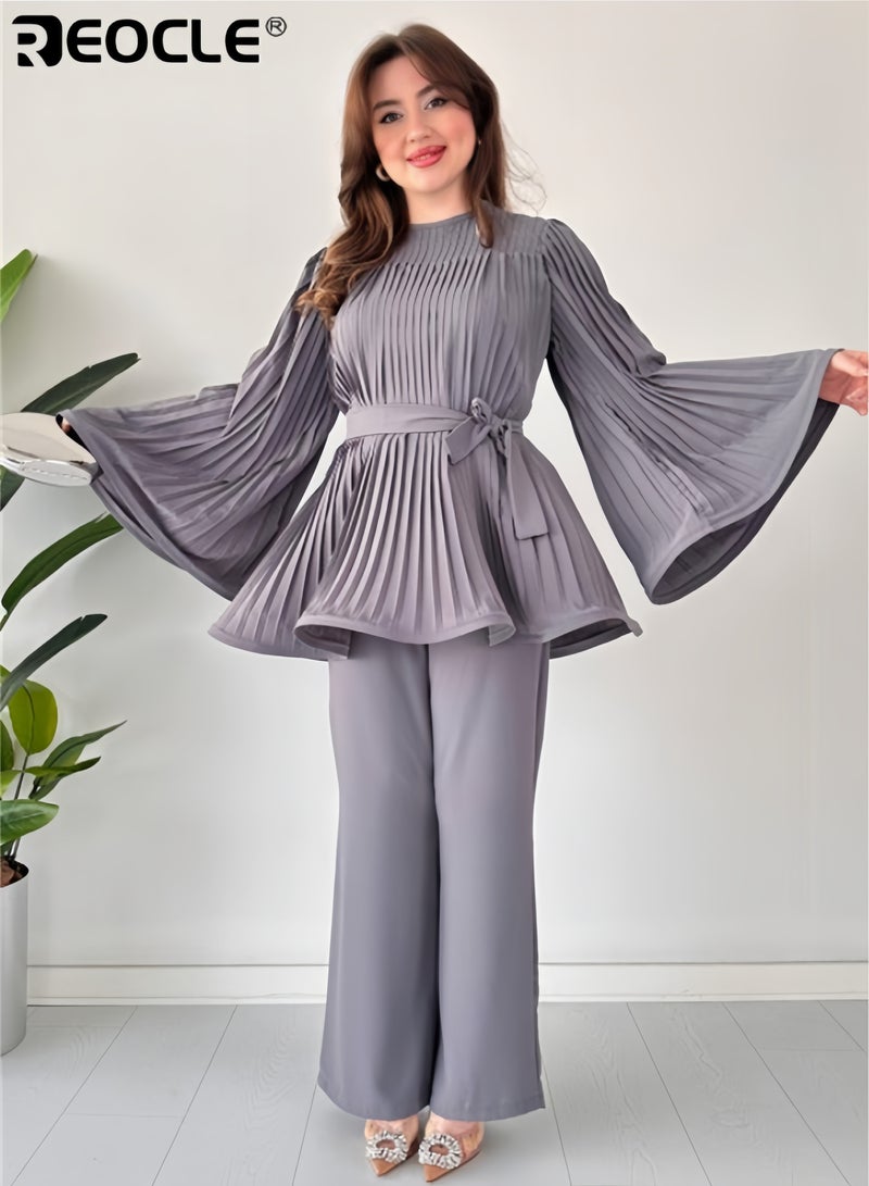 REOCLE Women's 2pcs Elegant Set Pleated Top with Bell Sleeves and Wide Leg Pants Crew Neck Flared Sleeve A Line Dressy Tops Comfortable and Casual Set - Image 1