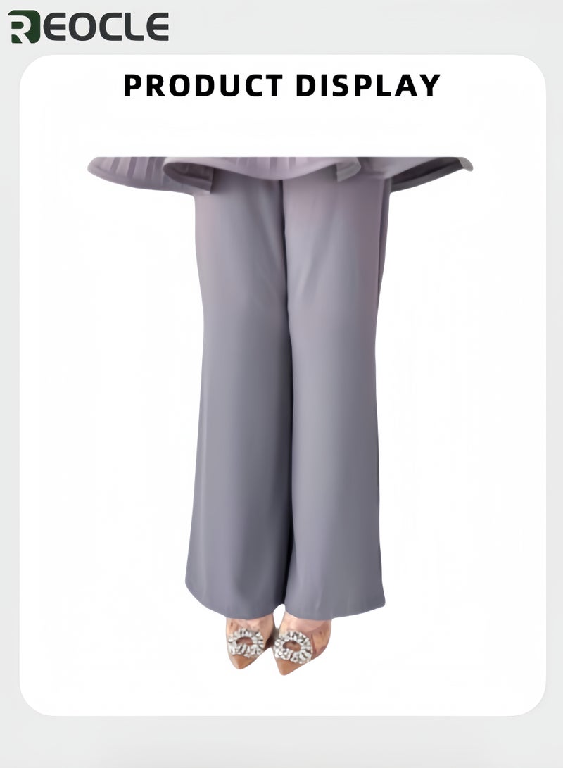 REOCLE Women's 2pcs Elegant Set Pleated Top with Bell Sleeves and Wide Leg Pants Crew Neck Flared Sleeve A Line Dressy Tops Comfortable and Casual Set - Image 5