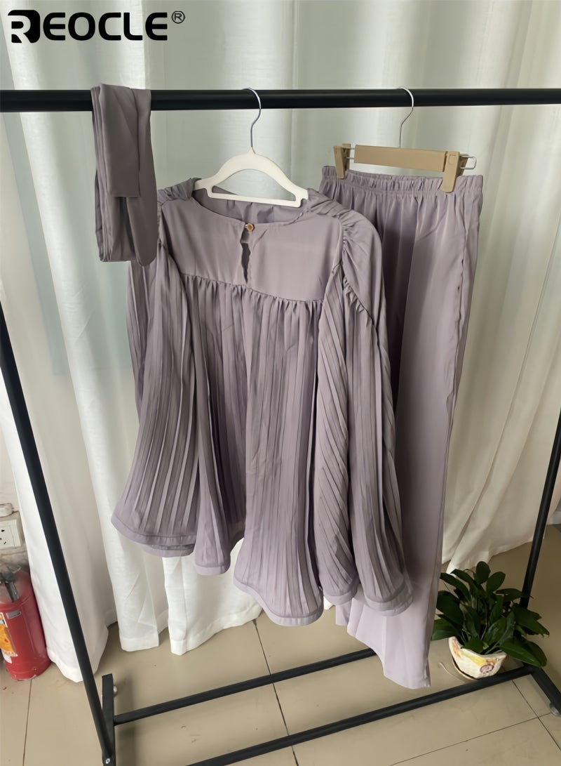 REOCLE Women's 2pcs Elegant Set Pleated Top with Bell Sleeves and Wide Leg Pants Crew Neck Flared Sleeve A Line Dressy Tops Comfortable and Casual Set - Image 3