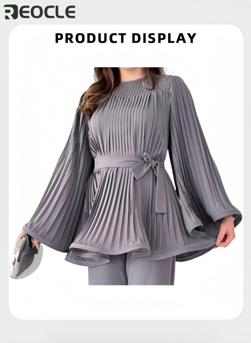 REOCLE Women's 2pcs Elegant Set Pleated Top with Bell Sleeves and Wide Leg Pants Crew Neck Flared Sleeve A Line Dressy Tops Comfortable and Casual Set - Image 4