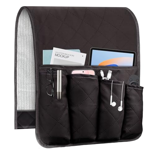 AUVCAS Sofa Armrest Organizer Non-Slip Arm Chair Bedside Storage Caddy Organizer Armchair Caddy for Recliner Couch Remote Holder with 5 Pockets for Cell Phone TV Remote Control Magazines (Coffee) - Image 1