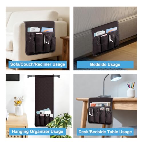 AUVCAS Sofa Armrest Organizer Non-Slip Arm Chair Bedside Storage Caddy Organizer Armchair Caddy for Recliner Couch Remote Holder with 5 Pockets for Cell Phone TV Remote Control Magazines (Coffee) - Image 5