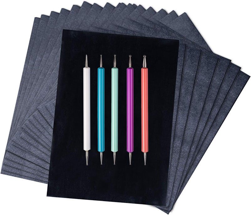 Hlonon 50 Sheets Black Graphite Carbon Paper Transfer (8.5 x 11.5 inch) Tracing Papers with 5 PCS Embossing Styluses Dotting Tools for Wood Paper Canvas Craft - Image 1