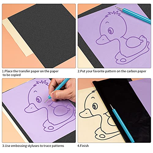 Hlonon 50 Sheets Black Graphite Carbon Paper Transfer (8.5 x 11.5 inch) Tracing Papers with 5 PCS Embossing Styluses Dotting Tools for Wood Paper Canvas Craft - Image 4