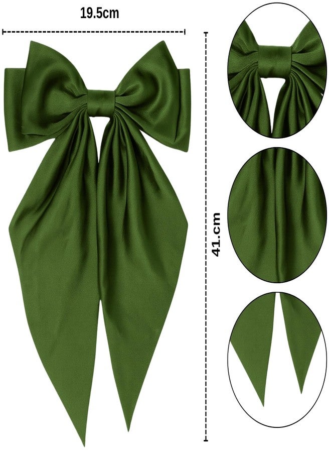 ANNACREATIONS ANNA CREATIONS 2 Pcs Large Satin Bow Hair Barrette Clips for Women & Girls - Strong Hold, Elegant Long Tail Hair Accessories for Parties, Weddings Wear & Gifting (OLIVE GREEN- TEAL GREEN) - Image 3