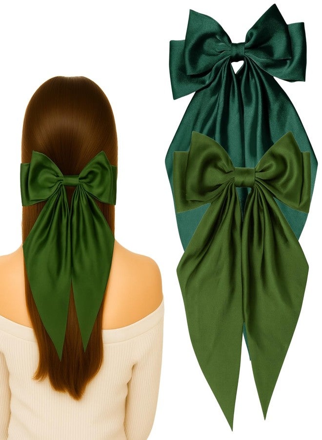 ANNACREATIONS ANNA CREATIONS 2 Pcs Large Satin Bow Hair Barrette Clips for Women & Girls - Strong Hold, Elegant Long Tail Hair Accessories for Parties, Weddings Wear & Gifting (OLIVE GREEN- TEAL GREEN) - Image 1