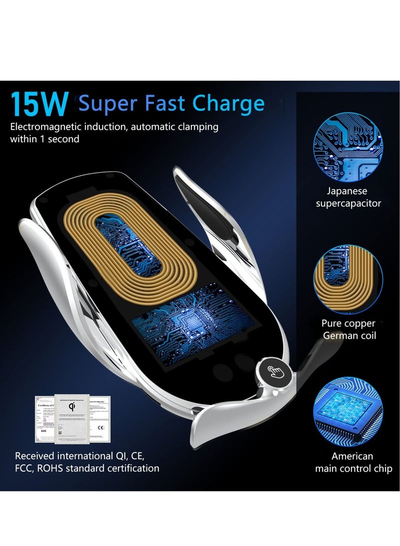 كابتن تيك Wireless Car Charger - 15W Qi Fast Charging, Smart Sensor Air Vent Mount for iPhone and All Smartphones - One-Hand Operation, 360° Rotation - Silver - Image 2