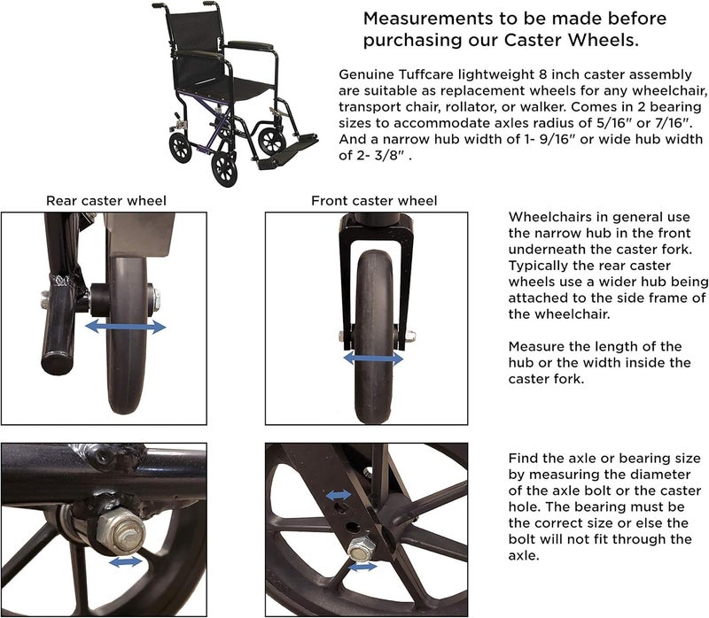 Tuffcare Caster Wheel, Hard Rubber Tire, 8" x 1"- 2 3/8" Hub Width; Fits Most Sunrise, Medline, Drive, Invacare, E&J, Guardian, ALCO & Other Manual Wheelchairs (Black, 7/16" Axle, Wide Hub) One Pair - Image 3