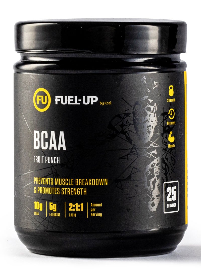 FUEL-UP by Kcal - Fuel Up by Kcal BCAA Fruit Punch Flavour - 13g Per Serving (10g BCAA) - 25 Servings Total - 2:1:1 Ratio for Recovery - Pre-, Intra-, and Post-Workout Supplement - Image 1