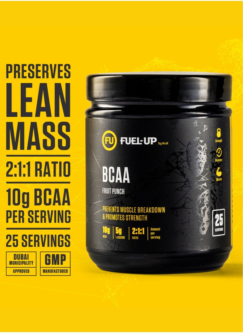FUEL-UP by Kcal - Fuel Up by Kcal BCAA Fruit Punch Flavour - 13g Per Serving (10g BCAA) - 25 Servings Total - 2:1:1 Ratio for Recovery - Pre-, Intra-, and Post-Workout Supplement - Image 1