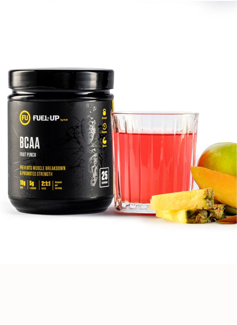 FUEL-UP by Kcal - Fuel Up by Kcal BCAA Fruit Punch Flavour - 13g Per Serving (10g BCAA) - 25 Servings Total - 2:1:1 Ratio for Recovery - Pre-, Intra-, and Post-Workout Supplement - Image 1