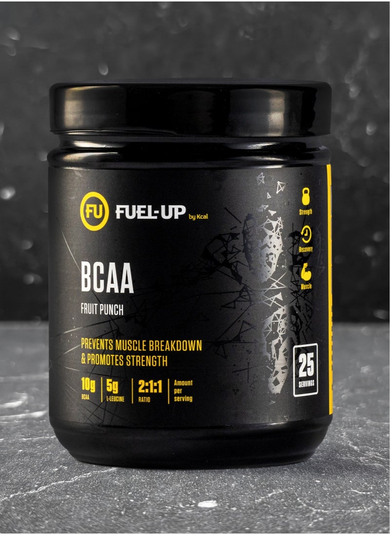 FUEL-UP by Kcal - Fuel Up by Kcal BCAA Fruit Punch Flavour - 13g Per Serving (10g BCAA) - 25 Servings Total - 2:1:1 Ratio for Recovery - Pre-, Intra-, and Post-Workout Supplement - Image 1