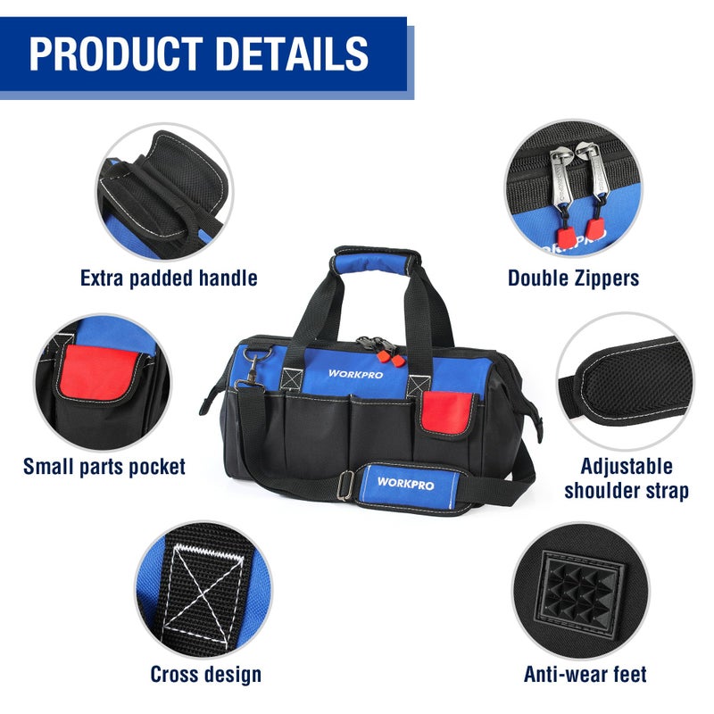 WORKPRO 18-inch Close Top Wide Mouth Storage Tool Bag with Adjustable Shoulder Strap, Sturdy Bottom - Image 4