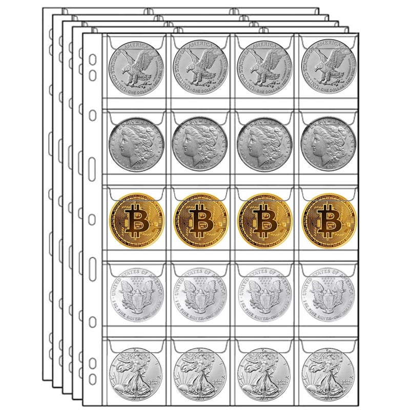 MUQING 400 Pockets Coin Collecting Supplies, 20 Sheets Coin Pages Sleeves Collectors for 3 and 4 Ring Binder, Coin Plastic Sheets for Album(20 Pocket) - Image 1