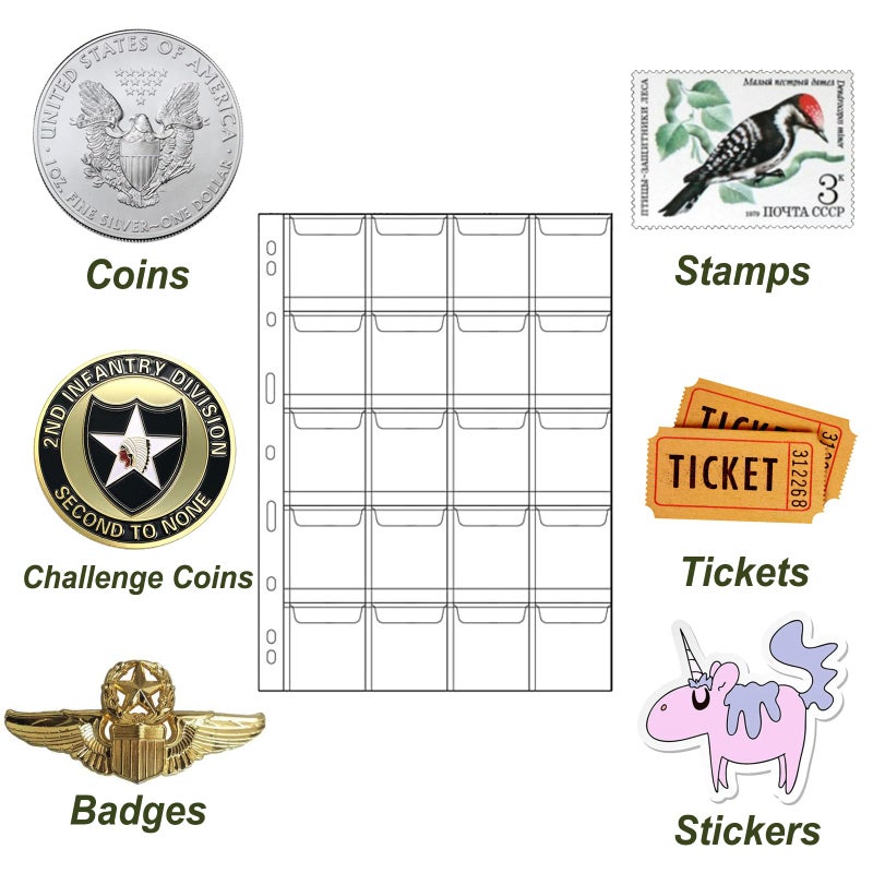 MUQING 400 Pockets Coin Collecting Supplies, 20 Sheets Coin Pages Sleeves Collectors for 3 and 4 Ring Binder, Coin Plastic Sheets for Album(20 Pocket) - Image 2