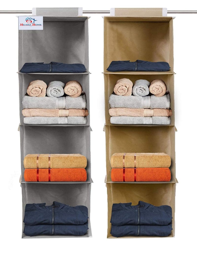Kuber Industries Heart Home 4 Shelf Closet Hanging Organizer 4 Tier Closet Wardrobe Organizer Clothes Storage Hanger for Family Closet Bedroom Foldable and Universal Fit Grey BrownPack of 2HHEART15331 - Image 1