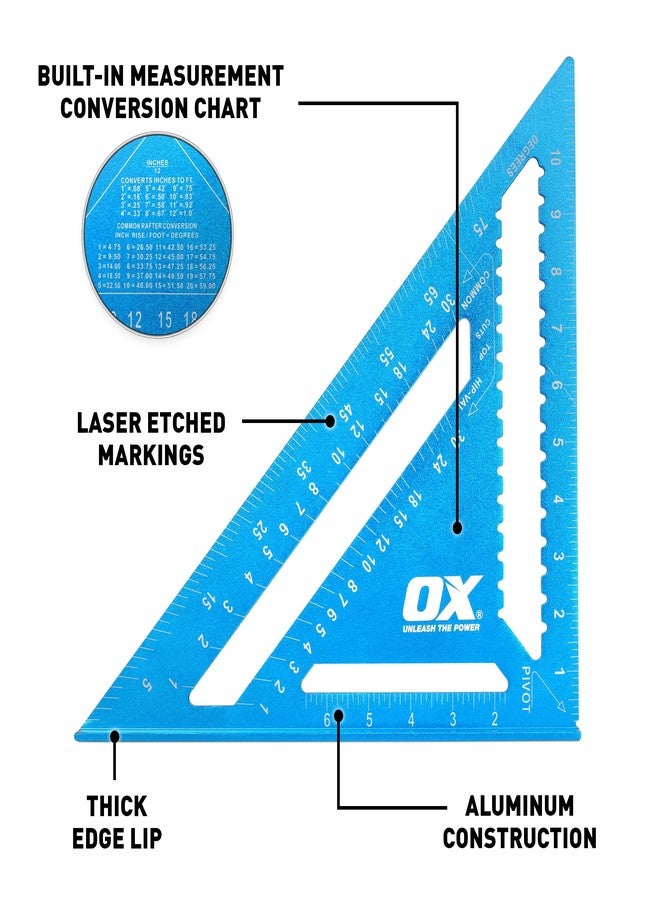 OX Tools Pro Rafter Square 12 Inch/300mm, Carpenters Layout Square, Heavy Duty Aluminum Alloy, Precision, High Visibilty Lazer Etched Markings - Image 2