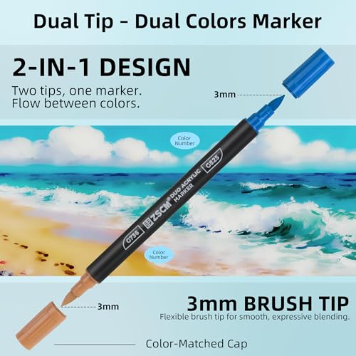 ZSCM 160 Colors Dual Tip Acrylic Paint Markers, 80Pcs Dual-Colors Brush Tip Paint Pens Stocking Stuffers for Rock, Wood, Fabric, Glass, Ceramic, Christmas Gifts for DIY Crafts Art Supplies - Image 3