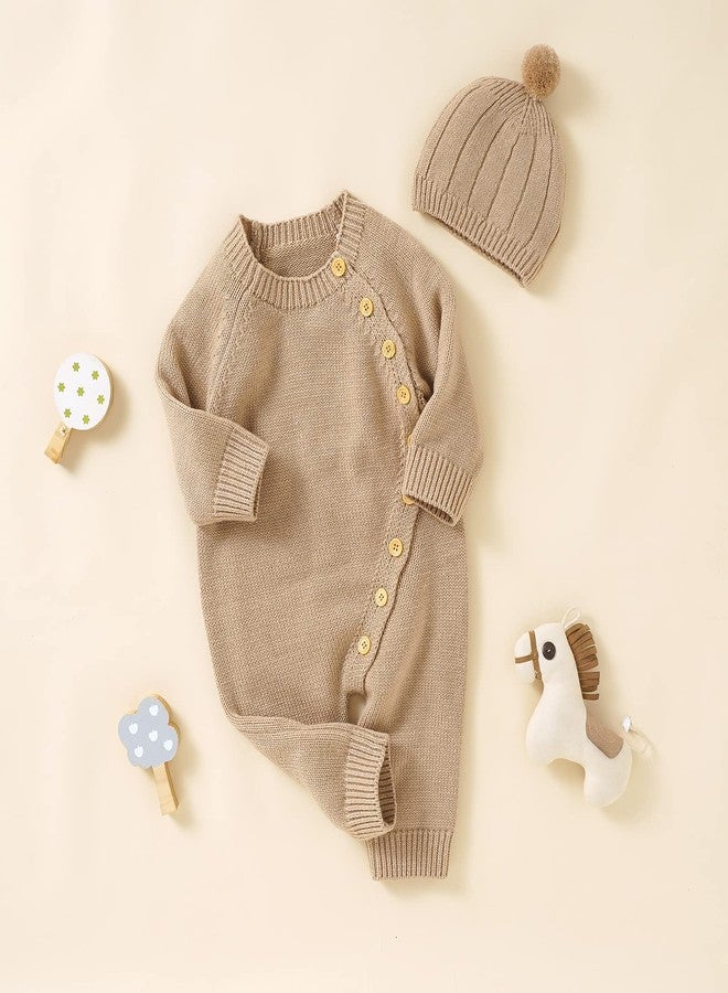 Kutterild Newborn Baby Boy Girl Footie Romper Waffle Knit Side Button Jumpsuit Infant Sweater Coverall with Hat (Khaki, 0-3 Months) - Image 3